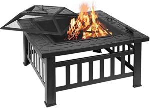 leayan garden fire pit grill bowl grill barbecue rack fire pits,32″ outdoor fire pit metal square firepit wood burning backyard patio beaches camping picnic bonfire stove with spark screen cover