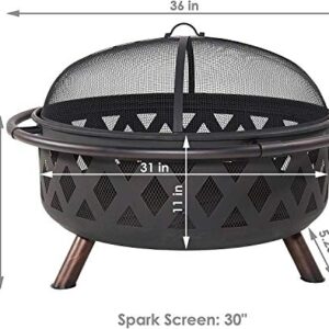 LEAYAN Garden Fire Pit Grill Bowl Grill Barbecue Rack Fire Pits,Outdoor Metal Brazier 36 Inch Large Bonfire Wood Burning Patio&Backyard Firepit for with Spark Screen and Round Fireplace Cover