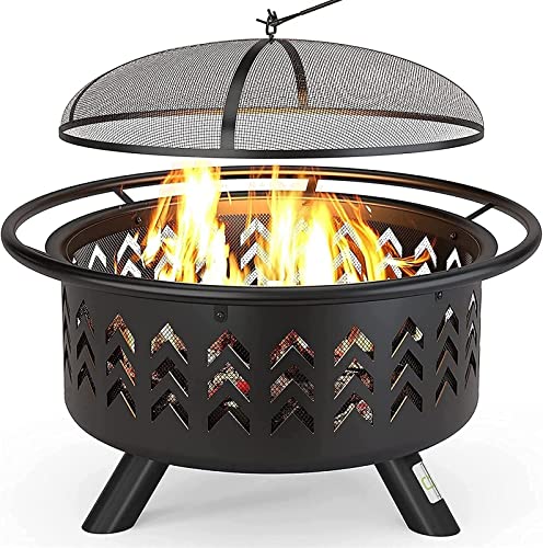 LEAYAN Garden Fire Pit Grill Bowl Grill Barbecue Rack Thicken Fire Pit,36" Large Wood Burning Fire Pit with Spark Screen Poker & Waterproof Cover Outdoor Fire Pit for Bonfire Party BBQ Heating