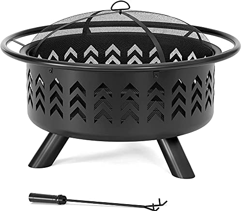 LEAYAN Garden Fire Pit Grill Bowl Grill Barbecue Rack Thicken Fire Pit,36" Large Wood Burning Fire Pit with Spark Screen Poker & Waterproof Cover Outdoor Fire Pit for Bonfire Party BBQ Heating