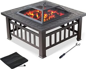 leayan garden fire pit grill bowl grill barbecue rack 32in outdoor fire pit metal square firepit patio stove wood burning bbq grill fire pit bowl with spark screen cover, poker
