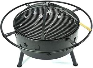 leayan garden fire pit portable grill barbecue rack outdoor round fire pit – outdoor bronze fire pit metal poker iron, mesh ember spark guard screen cover with cover bbq cooking for camping backyard