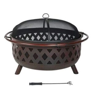 yufbi fire pit 36″ fire pit outdoor large steel wood burning fire pits bowl bbq grill firepit for outside with spark screen cooking grid poker for backyard garden furnace (color : black)