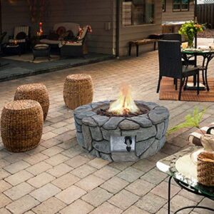 Teamson Home Round Stone Look Propane Gas Fire Pit Fire Table with ETL Certification, PVC Cover and Lava Rocks for Outdoor Patio Garden Backyard Decking Décor, 40,000 BTU, 28 inch Length, Gray