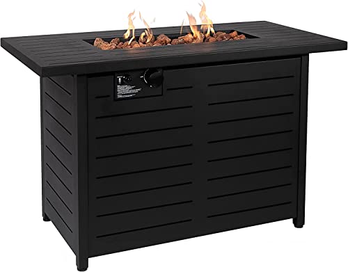 42" 60000BTU Outdoor Gas Propane Fire Pit Retangular Firepit Table withTabletop and Weather Cover, Indoor Outside Firepit Table w/ Lava Rock for Garden Courtyard Backyard Deck Poolside Party