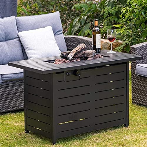 42" 60000BTU Outdoor Gas Propane Fire Pit Retangular Firepit Table withTabletop and Weather Cover, Indoor Outside Firepit Table w/ Lava Rock for Garden Courtyard Backyard Deck Poolside Party