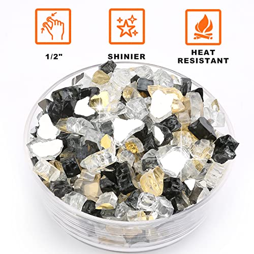 Utheer Fire Glass for Fire Pit, 1/2 Inch Reflective Fire Glass for Propane Fire Pit, Fire Pit Rocks Safe for Outdoors and Indoors Fire Pit, Blended Ultra-White, Black, Gold Fire Glass, 10 Pounds