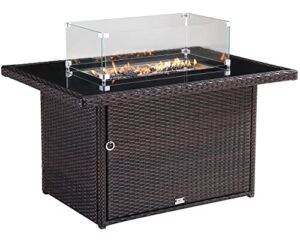 oakville furniture 44 in propane fire pit table, 50000 btu rectangular outdoor gas fire pit, brown wicker aluminum tabletop in tempered fire glass for outside patio garden, backyard