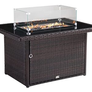 OAKVILLE FURNITURE 44 in Propane Fire Pit Table, 50000 BTU Rectangular Outdoor Gas Fire Pit, Brown Wicker Aluminum Tabletop in Tempered Fire Glass for Outside Patio Garden, Backyard