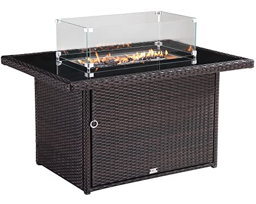 OAKVILLE FURNITURE 44 in Propane Fire Pit Table, 50000 BTU Rectangular Outdoor Gas Fire Pit, Brown Wicker Aluminum Tabletop in Tempered Fire Glass for Outside Patio Garden, Backyard