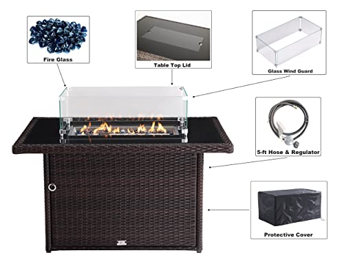 OAKVILLE FURNITURE 44 in Propane Fire Pit Table, 50000 BTU Rectangular Outdoor Gas Fire Pit, Brown Wicker Aluminum Tabletop in Tempered Fire Glass for Outside Patio Garden, Backyard