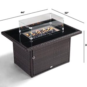 OAKVILLE FURNITURE 44 in Propane Fire Pit Table, 50000 BTU Rectangular Outdoor Gas Fire Pit, Brown Wicker Aluminum Tabletop in Tempered Fire Glass for Outside Patio Garden, Backyard