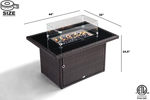 OAKVILLE FURNITURE 44 in Propane Fire Pit Table, 50000 BTU Rectangular Outdoor Gas Fire Pit, Brown Wicker Aluminum Tabletop in Tempered Fire Glass for Outside Patio Garden, Backyard