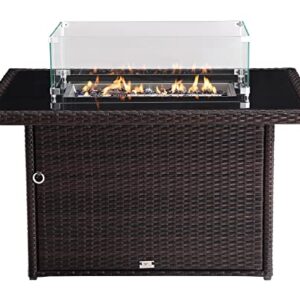 OAKVILLE FURNITURE 44 in Propane Fire Pit Table, 50000 BTU Rectangular Outdoor Gas Fire Pit, Brown Wicker Aluminum Tabletop in Tempered Fire Glass for Outside Patio Garden, Backyard