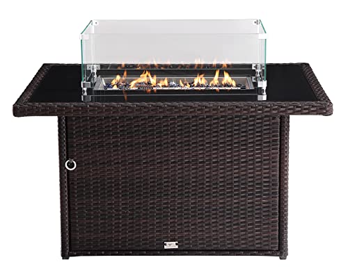 OAKVILLE FURNITURE 44 in Propane Fire Pit Table, 50000 BTU Rectangular Outdoor Gas Fire Pit, Brown Wicker Aluminum Tabletop in Tempered Fire Glass for Outside Patio Garden, Backyard