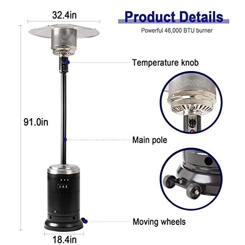 PIONOUS 46,000 BTU Outdoor Power Propane Heater with Wheels, suitable for Potluck, Hotel, Gardens, Homes, Parties, Cruises- Black, 3 Set