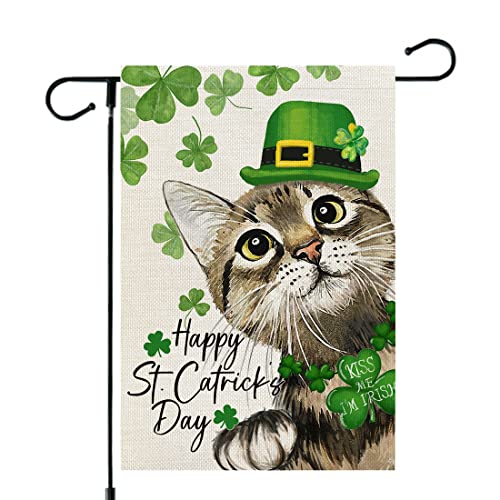 CROWNED BEAUTY Happy St Patricks Day Cat Garden Flag 12x18 Inch Double Sided for Outside Small Burlap Green Shamrocks Clovers Hat Yard Holiday Flag