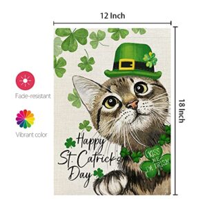 CROWNED BEAUTY Happy St Patricks Day Cat Garden Flag 12x18 Inch Double Sided for Outside Small Burlap Green Shamrocks Clovers Hat Yard Holiday Flag