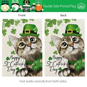 CROWNED BEAUTY Happy St Patricks Day Cat Garden Flag 12x18 Inch Double Sided for Outside Small Burlap Green Shamrocks Clovers Hat Yard Holiday Flag