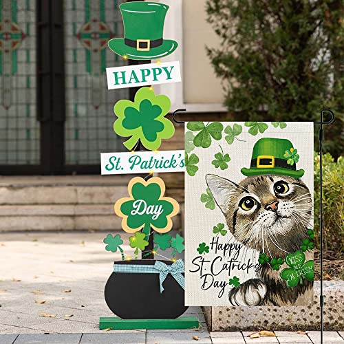 CROWNED BEAUTY Happy St Patricks Day Cat Garden Flag 12x18 Inch Double Sided for Outside Small Burlap Green Shamrocks Clovers Hat Yard Holiday Flag