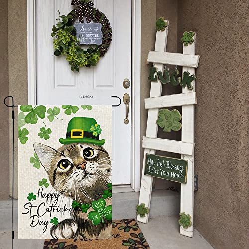 CROWNED BEAUTY Happy St Patricks Day Cat Garden Flag 12x18 Inch Double Sided for Outside Small Burlap Green Shamrocks Clovers Hat Yard Holiday Flag