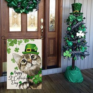 CROWNED BEAUTY Happy St Patricks Day Cat Garden Flag 12x18 Inch Double Sided for Outside Small Burlap Green Shamrocks Clovers Hat Yard Holiday Flag