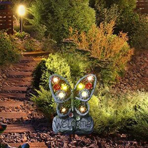 KULEDM Solar Garden Sculptures & Statues -Succulent Butterfly Resin Craft Garden Statue Outdoor Decor with Solar Powered 8 LED Lights for Garden, Patio, Lawn, Yard, Balcony, Porch’