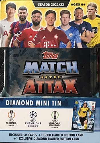 2021 2022 Topps Match Attax Champions League UEFA Soccer DIAMOND version Gemstone Mini Tin with a Limited Edition Erling Haaland Diamond Card