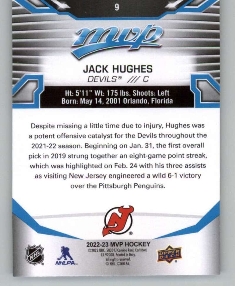 2022-23 Upper Deck MVP #9 Jack Hughes New Jersey Devils NHL Hockey Trading Card