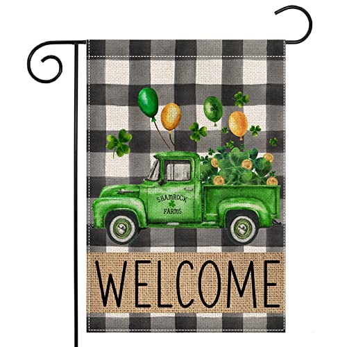 Welcome ST Patricks Day Garden Flag 12x18 Double Sided Truck Shamrocks Buffalo Plaid Seasonal Hoilday Farmhouse Yard Outside Décor