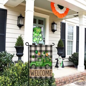 Welcome ST Patricks Day Garden Flag 12x18 Double Sided Truck Shamrocks Buffalo Plaid Seasonal Hoilday Farmhouse Yard Outside Décor