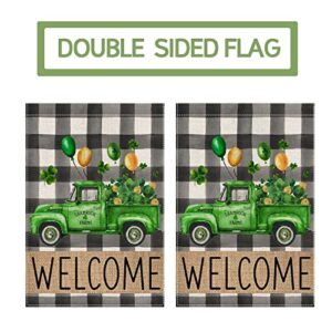 Welcome ST Patricks Day Garden Flag 12x18 Double Sided Truck Shamrocks Buffalo Plaid Seasonal Hoilday Farmhouse Yard Outside Décor