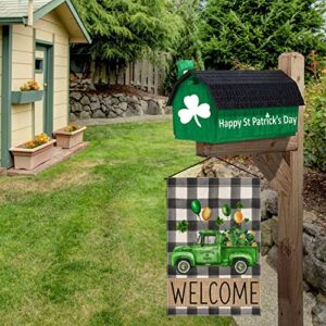 Welcome ST Patricks Day Garden Flag 12x18 Double Sided Truck Shamrocks Buffalo Plaid Seasonal Hoilday Farmhouse Yard Outside Décor