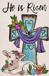 covido home decorative he is risen easter cross garden flag, lamb yard outside decorations, outdoor small decor double sided 12×18