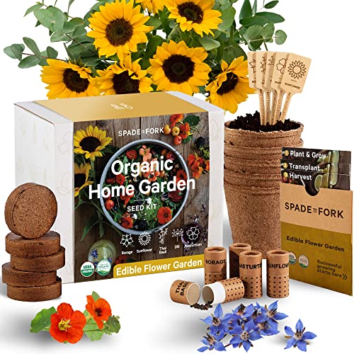 Organic Edible Flower Garden Seed Kit - 23pc Indoor Garden with Soil, Pots, Plant Markers, USDA Organic Non-GMO Seeds & Illustrated Instructions - Sunflower, Borage, Thai Basil, Dill, Nasturtium