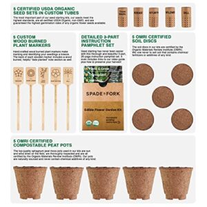 Organic Edible Flower Garden Seed Kit - 23pc Indoor Garden with Soil, Pots, Plant Markers, USDA Organic Non-GMO Seeds & Illustrated Instructions - Sunflower, Borage, Thai Basil, Dill, Nasturtium