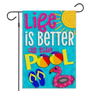 balgardekor life is better at the pool garden flag vertical double sided burlap summer yard outdoor decor home decor (12.5 x 18, pool)
