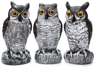 3 pack owl decoy to scare birds away, fake owl scarecrows, pigeon deterrent, plastic owl statue for outdoor garden yard