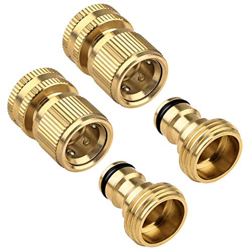 2 Sets Garden Hose Quick Connector, 3/4 Inch GHT Thread Fitting, Quick Connect and Disconnect Solid Brass Garden Hose Coupler No-Leak Faucet Female Quick Connector and Male Adapters