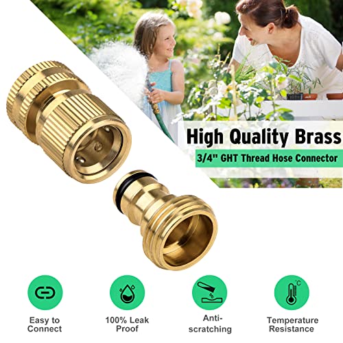 2 Sets Garden Hose Quick Connector, 3/4 Inch GHT Thread Fitting, Quick Connect and Disconnect Solid Brass Garden Hose Coupler No-Leak Faucet Female Quick Connector and Male Adapters