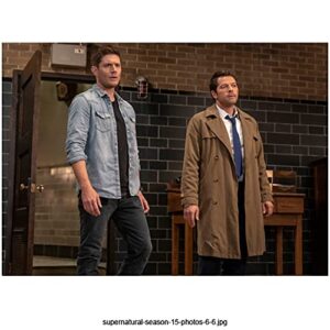 supernatural (tv series 2005-2020) jensen ackles (dean) & misha collins (castiel) standing, looking onward, brick wall in background 8 inch by 10 inch photograph, bg