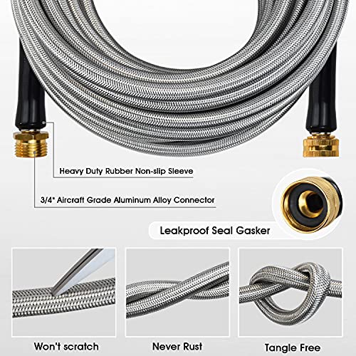 IRRIGLAD Garden Hose 304 Stainless Steel Metal Braided Hose, Lightweight, Kink-Free, Tough, Flexible Water Hose Rust Proof, Puncture, Portable, Universal Aircraft Grade Aluminum Alloy Connector, 50FT