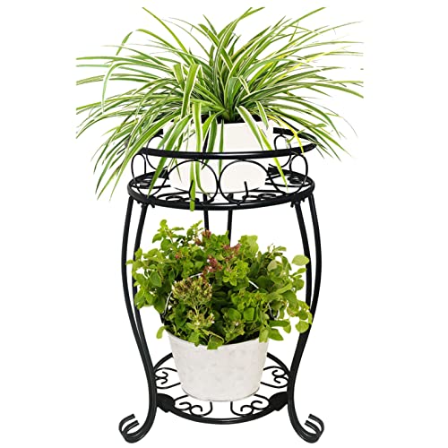 Metal Plant Stand Indoor Outdoor for Round Flower Pot, 2 Tier Potted Holder Rack Rustproof Wrought Iron Heavy Duty Planter Shelf for Corner Living Room Balcony Garden Patio, 19.2 inch, Black