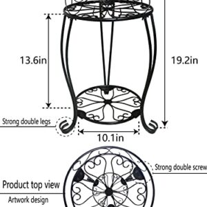 Metal Plant Stand Indoor Outdoor for Round Flower Pot, 2 Tier Potted Holder Rack Rustproof Wrought Iron Heavy Duty Planter Shelf for Corner Living Room Balcony Garden Patio, 19.2 inch, Black