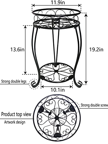 Metal Plant Stand Indoor Outdoor for Round Flower Pot, 2 Tier Potted Holder Rack Rustproof Wrought Iron Heavy Duty Planter Shelf for Corner Living Room Balcony Garden Patio, 19.2 inch, Black