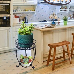 Metal Plant Stand Indoor Outdoor for Round Flower Pot, 2 Tier Potted Holder Rack Rustproof Wrought Iron Heavy Duty Planter Shelf for Corner Living Room Balcony Garden Patio, 19.2 inch, Black