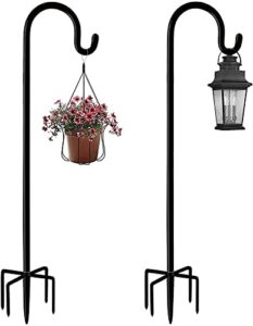 garden shepherd hook outdoor with 5 prong base, bird feeder pole hanger holder stand, adjustable heavy duty solar light plant lantern hanger holder, wedding decor matte black (48 inch- 2 packs)