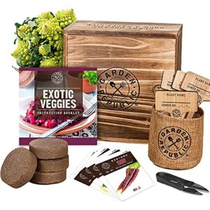 indoor vegetable garden starter kit with exotic vegetable seeds- 4 non-gmo heirloom seeds for planting, soil, pots, plant markers, trimmers, wood planter box, diy veggie growing kit, gardening gifts