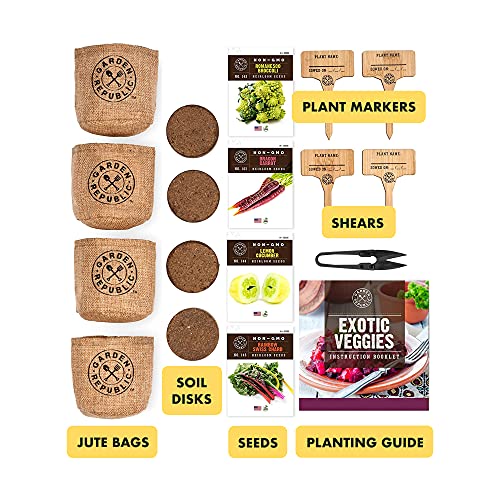 Indoor Vegetable Garden Starter Kit with Exotic Vegetable Seeds- 4 Non-GMO Heirloom Seeds for Planting, Soil, Pots, Plant Markers, Trimmers, Wood Planter Box, DIY Veggie Growing Kit, Gardening Gifts