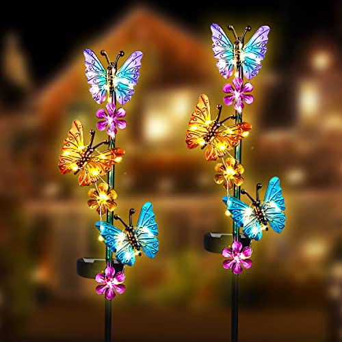 Solar Lights Outdoor Waterproof Garden Butterfly Light Decorative Solar Stake Lights with Butterflies Decor for Garden Yard Lawn Patio Pathway(2 Pack)